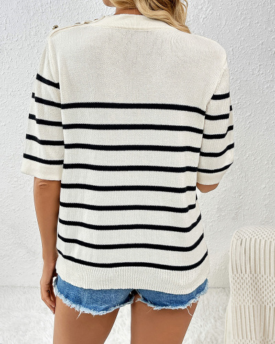 Buttoned Pullover Striped Fashionable Round Neck Short-Sleeved Women'S Sweater