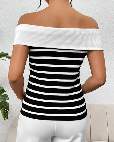 Women'S Fashionable Long-Sleeved Striped Off-Shoulder Boat Neck Pullover Women'S Sweater