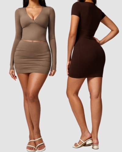 Woman Slim V Neck Short Sleeve Fashion Dress S-XL