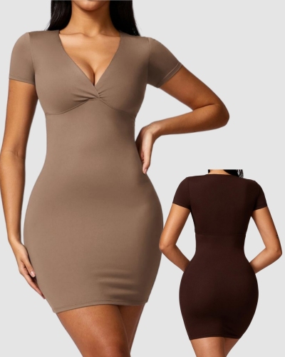Woman Slim V Neck Short Sleeve Fashion Dress S-XL