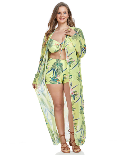 Printed Beach Sunscreen Shirt Cover-Up Swimsuit Three-Piece Suit