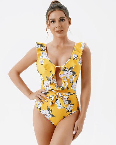 Printed One-Piece Ruffled Swimsuit For Women