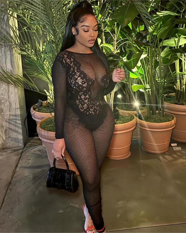 Long Sleeve Fishnet Women Jumpsuit