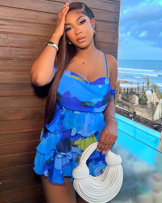 Off Shoulder Blue Mesh See Through Dress S-L