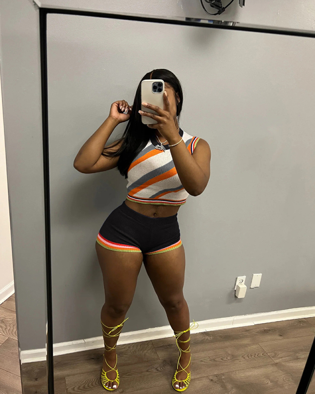 Colorblock Knitted Summer Two Piece Short Set S-XXL
