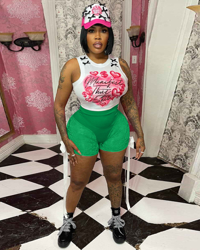 Printed Sleeveless Vest With Lace Shorts Two Piece Short Set S-XXL