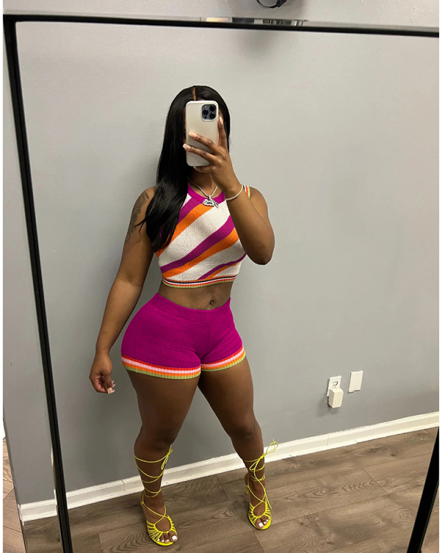 Colorblock Knitted Summer Two Piece Short Set S-XXL