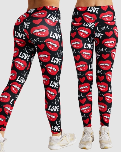 Love Sexy Lips Print Sports Women Pants Red S-2XL