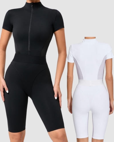 Women Zipper Front Short Sleeve High Waist Patchwork Fitness Sports Yoga Jumpsuit Black White S-L
