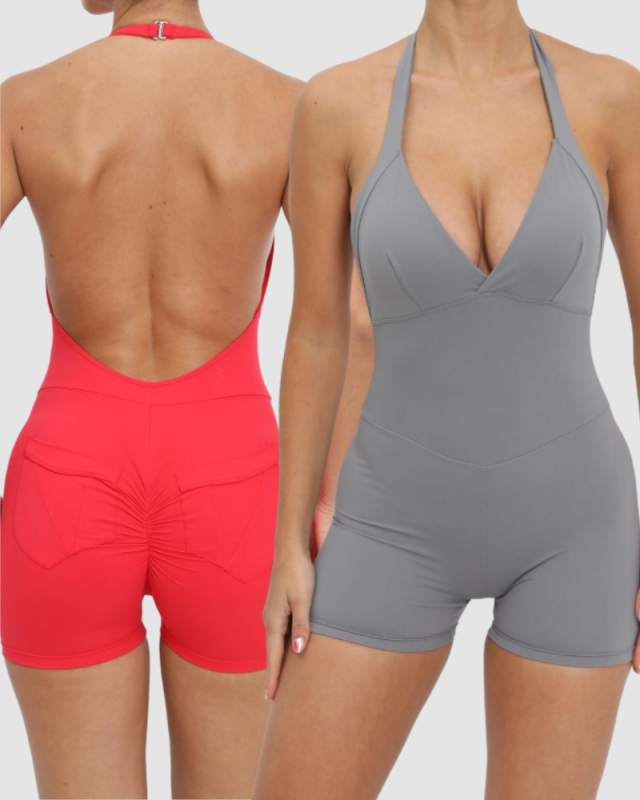 Women Backless Halter Neck Hips Lift Back Pocket Sports Romper S-L