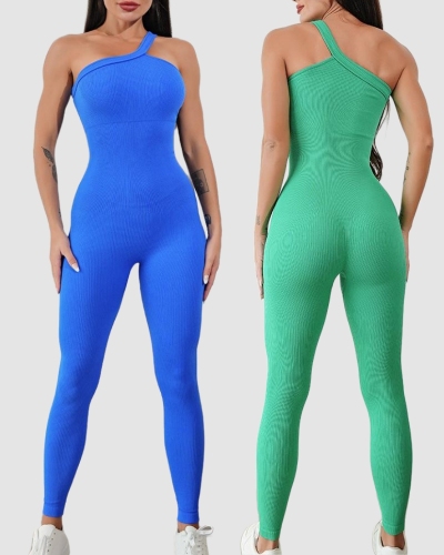 NO MOQ Seamless Summer One Shoulder Quickly Drying Sports Women Jumpsuit S-L