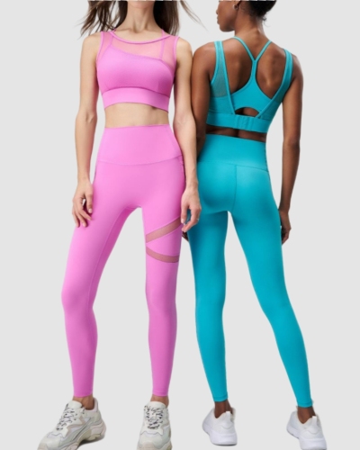 Women Mesh Patchwork Sports Bra High Waist Pants Yoga Two-piece Sets S-2XL