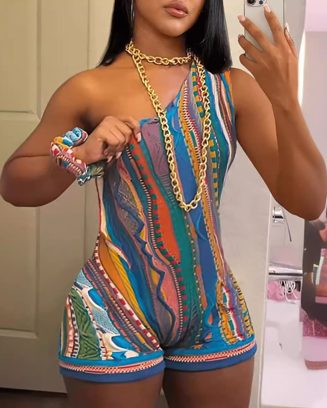 Single Shoulder Printed Women Summer Jumpsuit XS-XL