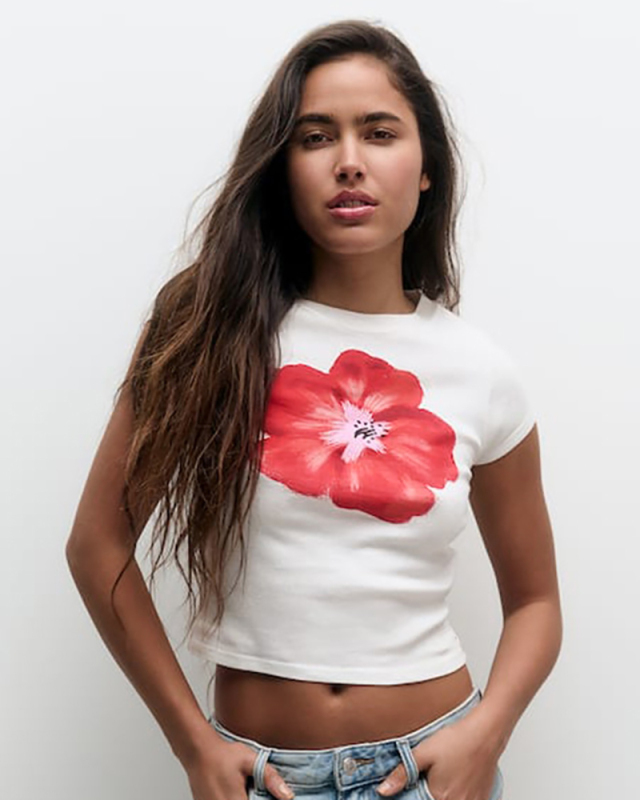 White Flower Printed Short Sleeve T Shirt