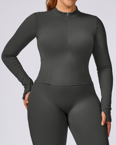 Women Solid Color Plus Size Zipper Long Sleeve Coat XL-3XL