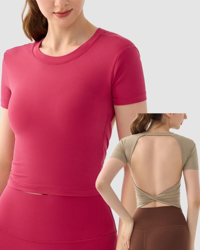 Logo Printed Backless Short Sleeve Women O Neck Slim Fitness T-shirt S-XL