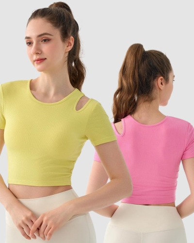Women Short Sleeve Hollow Out Shoulder Solid Color Slim Sports T-shirt S-XL