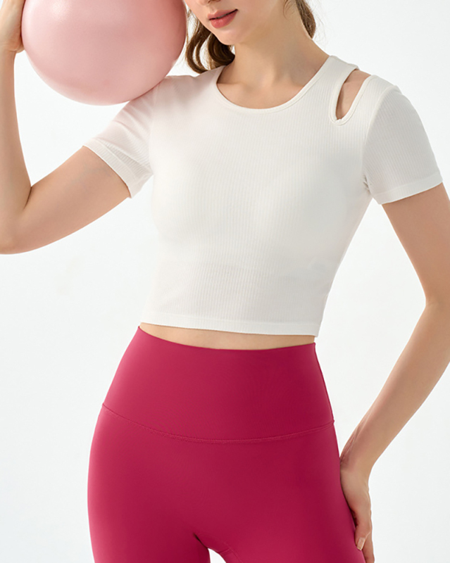 Women Short Sleeve Hollow Out Shoulder Solid Color Slim Sports T-shirt S-XL