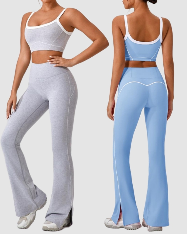Women Colorblock High Waist Wide Leg Pants Yoga Sports Two Piece Sets S-XL