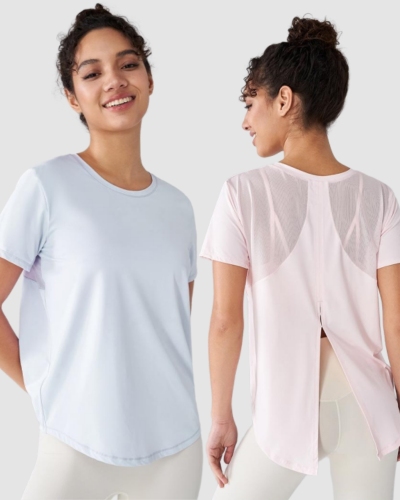 Women Short Sleeve O Neck Mesh Back Slit T-shirt S-XL