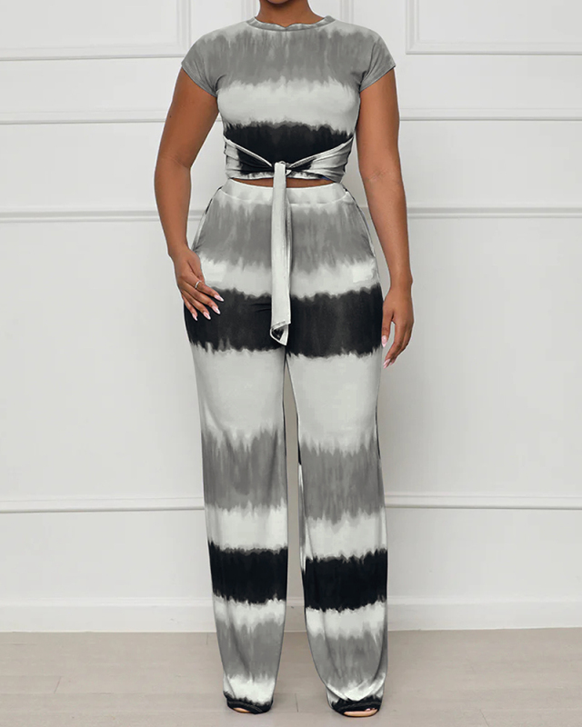 Printed Short Sleeve Women Two Piece Pant Set S-XXL