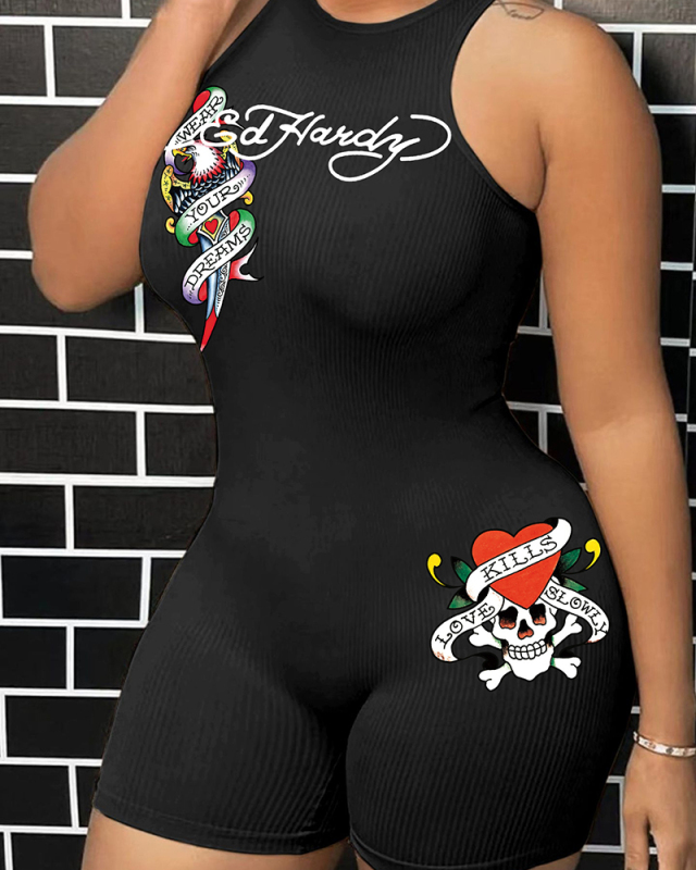 Sleeveless Letter Printed Women Summer Trendy Jumpsuit XS-XL