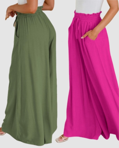Women Loose Solid Color Ruffers Strappy Wide Leg Pants S-XL