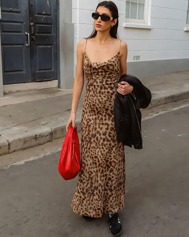 Leopard Printed Sleeveless Summer Long Dress S-L