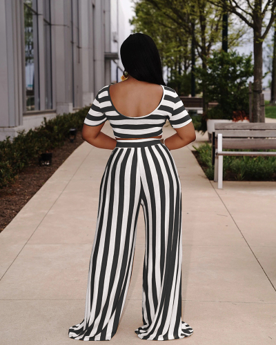 Plus Size Stripe Loose Style Women Two Piece Pant Set S-3XL