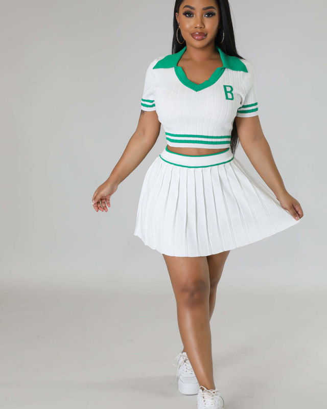 Sweater Turndown Collar Knitted Women 2 Piece Skirt Set S-XL