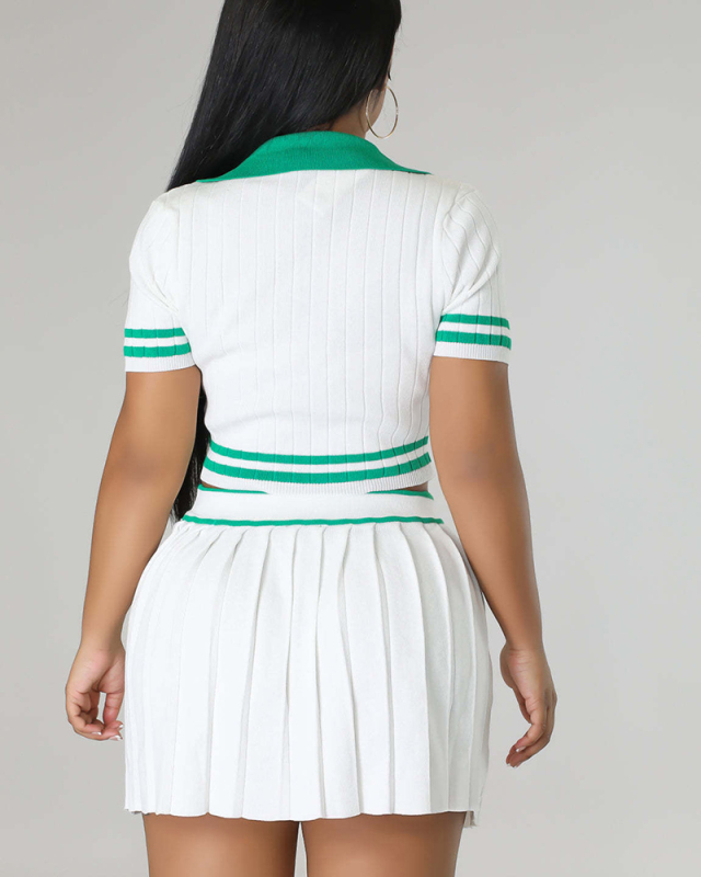 Sweater Turndown Collar Knitted Women 2 Piece Skirt Set S-XL