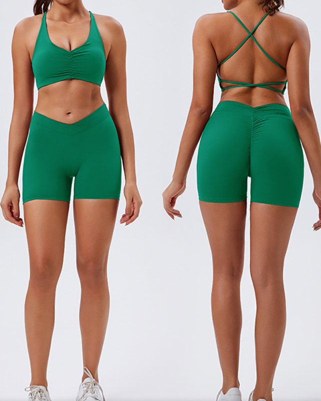 Women Recycled Fabric Halter v Neck Fitness Shorts Sets Two Pieces Sets XS-XL