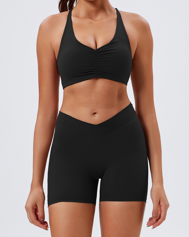 Women Recycled Fabric Halter v Neck Fitness Shorts Sets Two Pieces Sets XS-XL