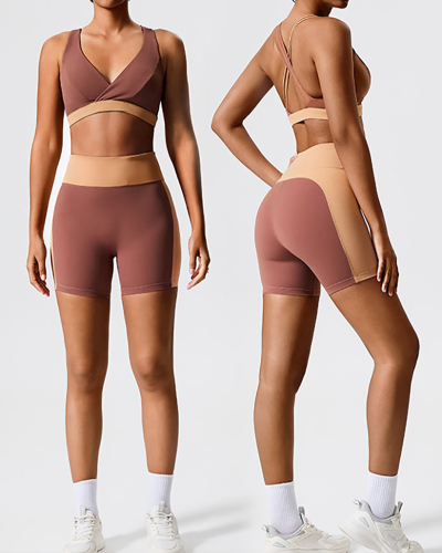 Women V Neck Sports Bra Colorblock Shorts Yoga Two Piece Sets XS-XL