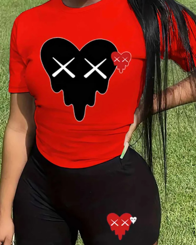 Red and Black Printed Love Heart Two Piece Short Set XS-XL