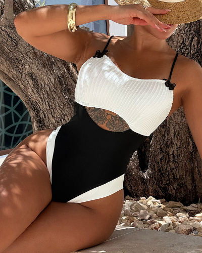 Black and White Colorblock One Piece Swimsuit S-L