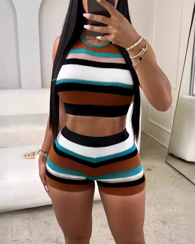 Knitted Wholesale Stripe Two Piece Short Set S-XL