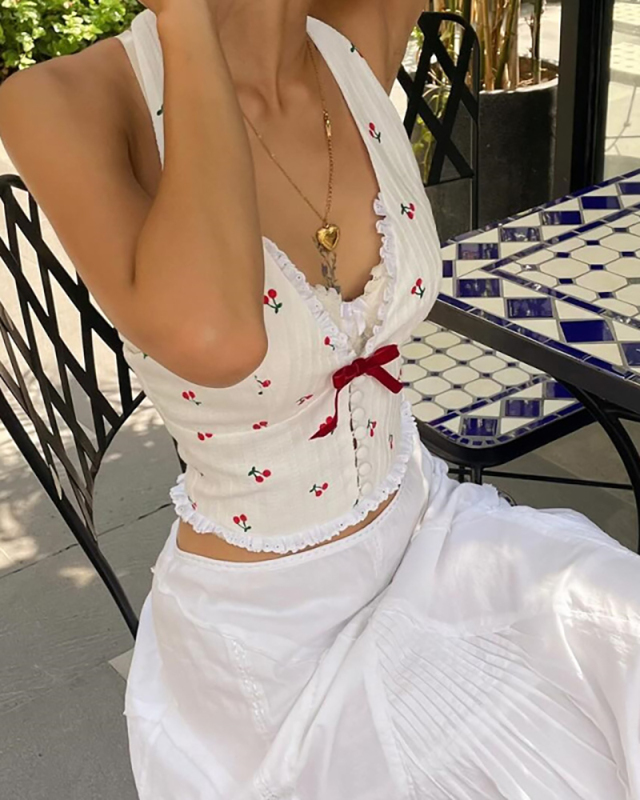 Cherry Women Cute V-neck Vest Tops S-L
