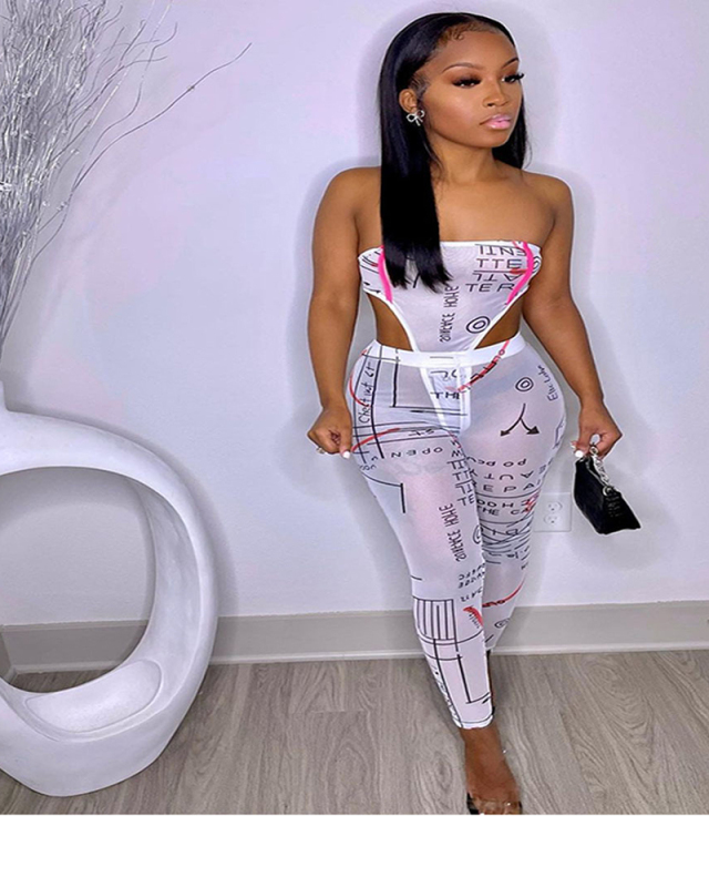 White Mesh Printed Two Piece Pant Set S-XXL