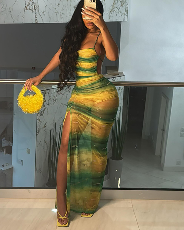 Green Printed Women Long Dress S-L