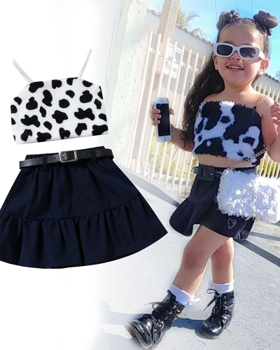 New Summer Girls Milk Cow Printed Sling Vest Pleated Skirts Belt Three Piece Sets 90CM-130CM