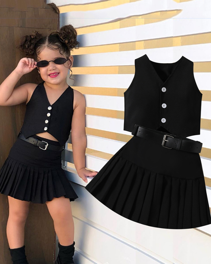 Girls Fashion Sleeveless V Neck Vest Pleated Skirt With Belt Three Piece Sets Black 90CM-130CM