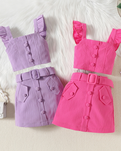 2024 Summer Ruffles Sleeve Vest Skirt Belt Three Piece Set Purple Rosy 90CM-130CM