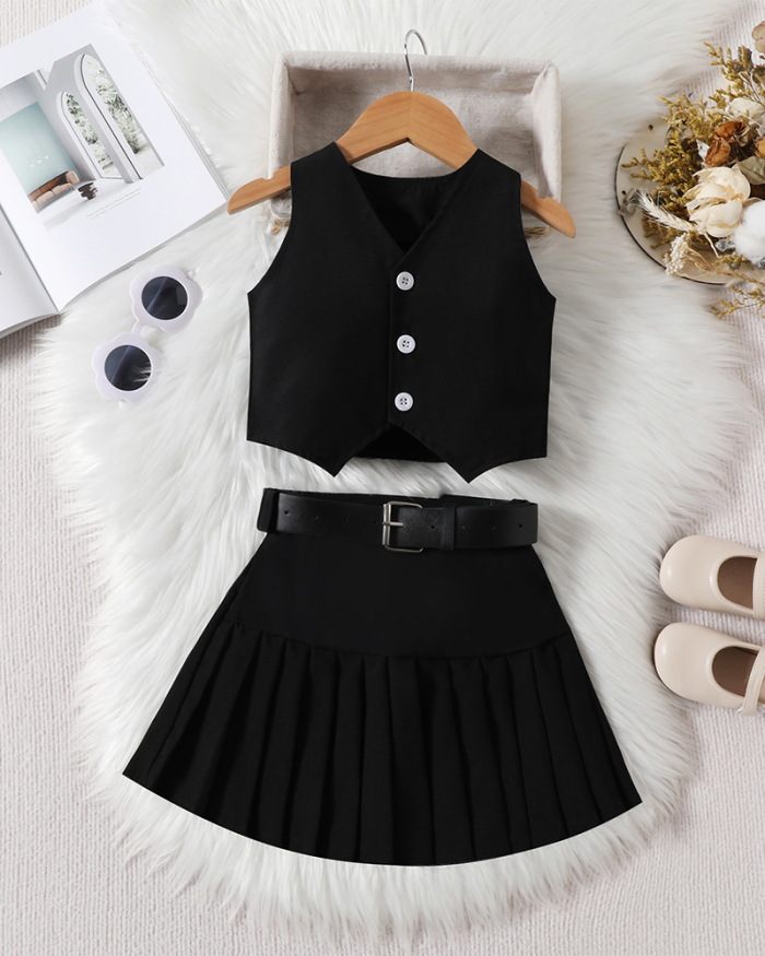 Girls Fashion Sleeveless V Neck Vest Pleated Skirt With Belt Three Piece Sets Black 90CM-130CM