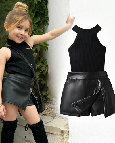 Fashion Girls Summer New Sleeveless Knit Vest PU Skirt Two Pieces Sets Black White 90CM-130CM