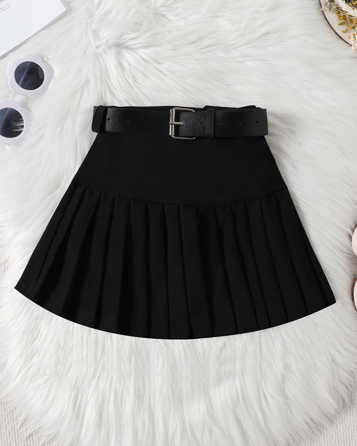 Girls Fashion Sleeveless V Neck Vest Pleated Skirt With Belt Three Piece Sets Black 90CM-130CM