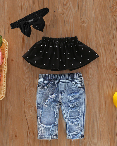 Girls Dot Printed Tube Top Bow Headband Hole Jeans Three Piece Outfits 80CM-120CM