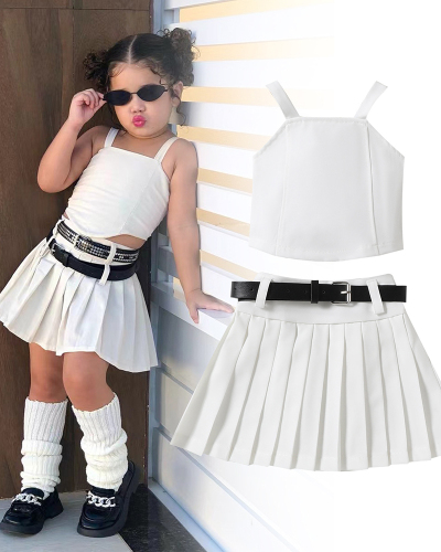 Summer Girls Sling Vest High Waist Pleated Skirts With Belt Three Piece Sets White 90cm-130cm