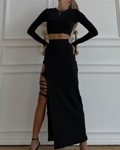Black Women Fashion Long Sleeve Two Piece Skirt Set S-L