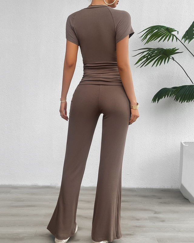 Women Short Sleeve Casual Confortable Pants Sets Two Pieces Outfit Gray Black Coffee Pink S-XL